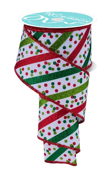 RGF199356 2.5" x 10yd Glitter Stripe W/Confetti Dots White/Red/Lime/Emerald