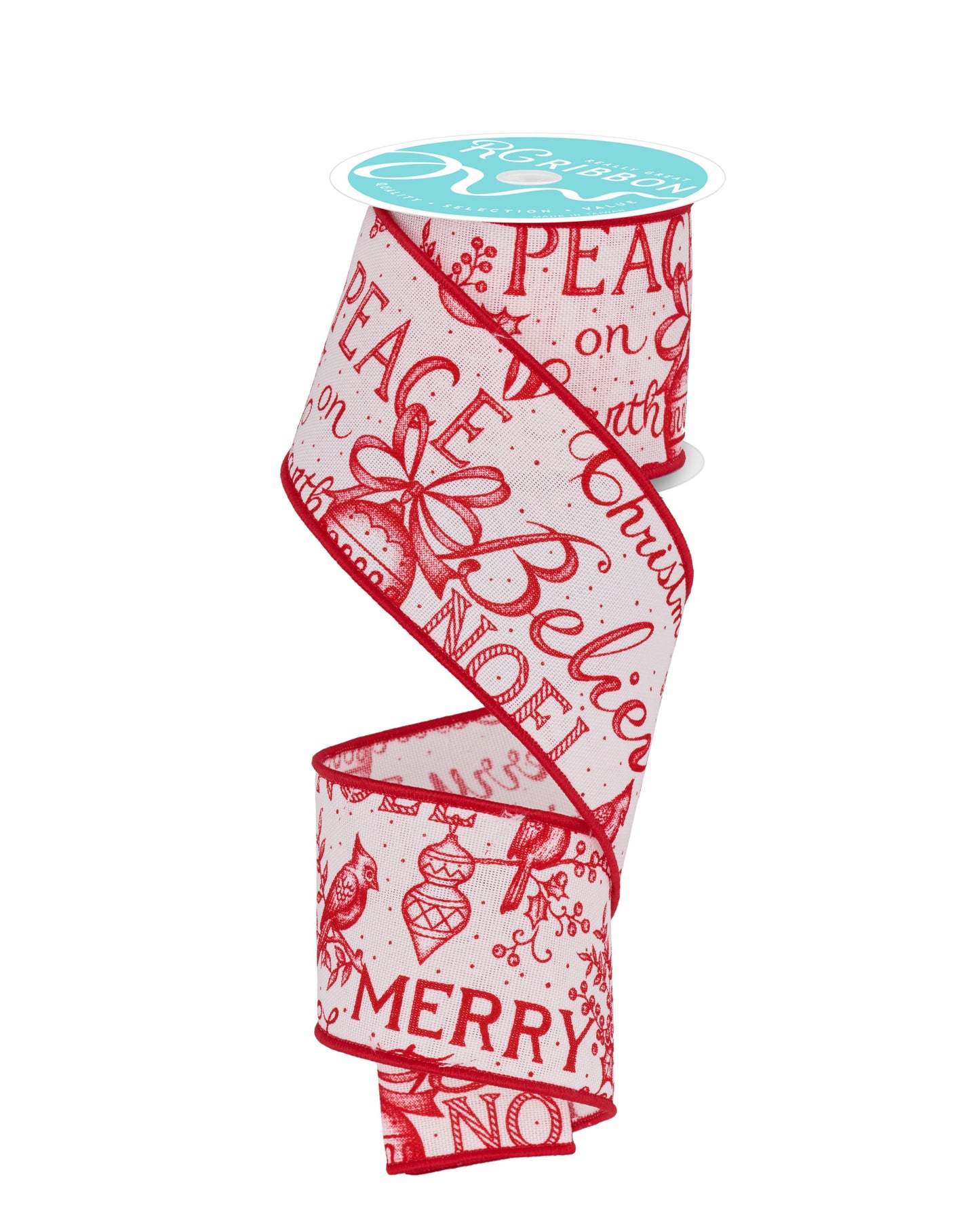 RGF145245 2.5" x 10yd Merry Christmas Words Ribbon – Ivory/Red – Wired Ribbon