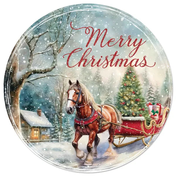 MD167524 12"Dia Merry Christmas/Horse/Sleigh Sign Red/Blue/White/Green