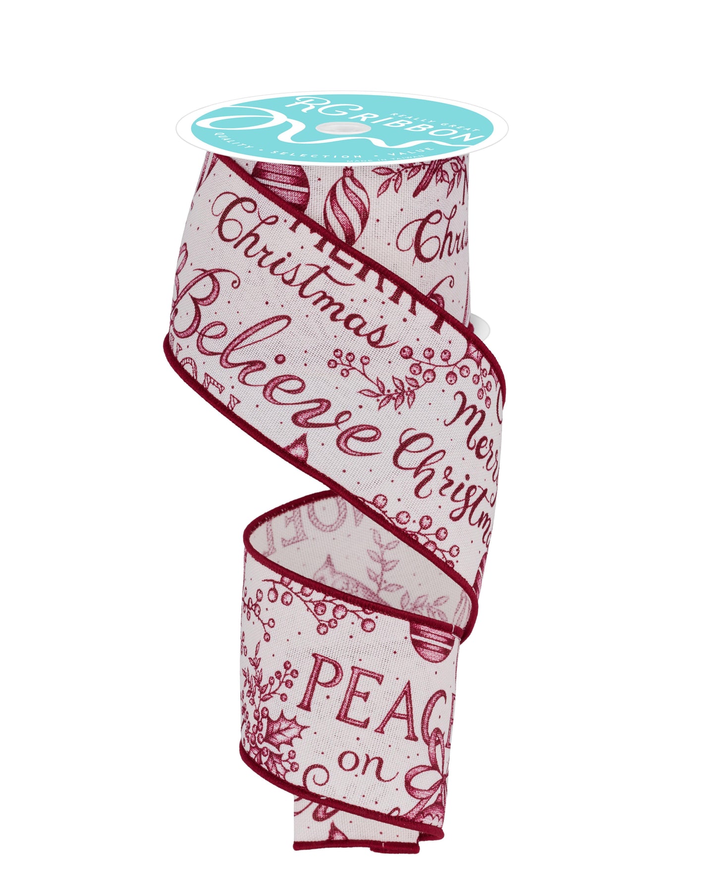 RGF1452W8 2.5" x 10yd Merry Christmas Words Ribbon – Ivory/Wine – Wired Holiday Ribbon