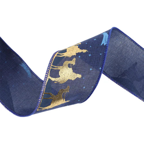 7303W37063E 2.5 x 10Yds-Faux Linen Wired Ribbon | Blue w/ Gold Print Three Wise Men