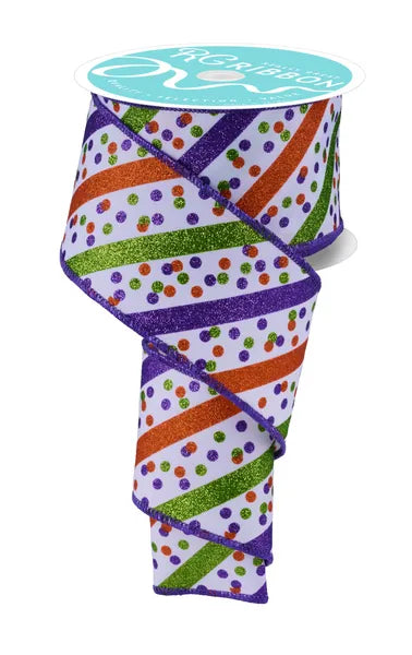 RGF1993ES 2.5" x 10yd Glitter Stripe W/Confetti Dots White/Purple/Lime/Orange