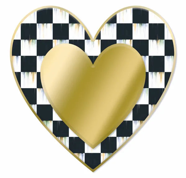 MD157908 12"Hx12"L Metal/Embossed Checkered Heart Gold/White/Black