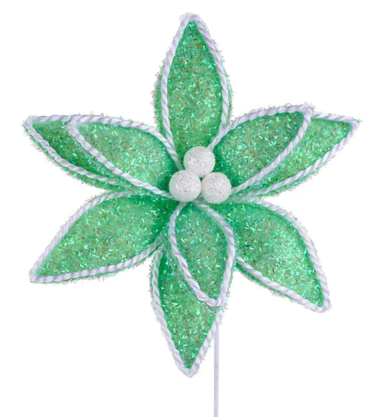 XS418368 14"L V Glitter/Rope Edge Poinsettia Pick Mint/White