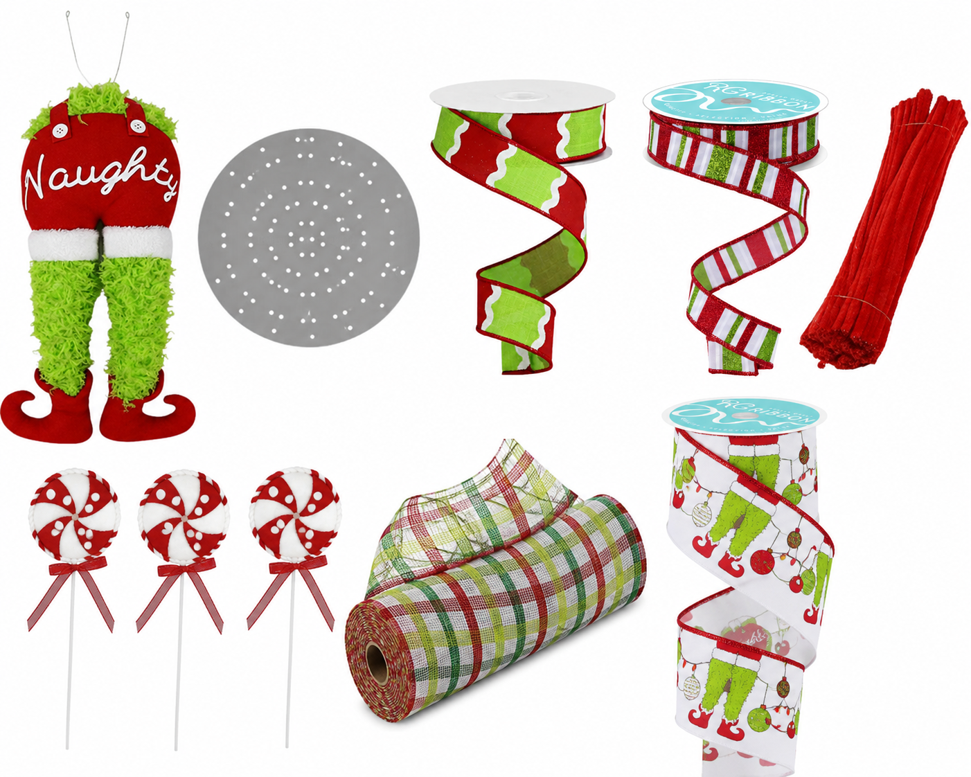DIY Whimsical Christmas Character Wreath Kit with Naughty Elf Legs, Peppermint Picks & Ribbon