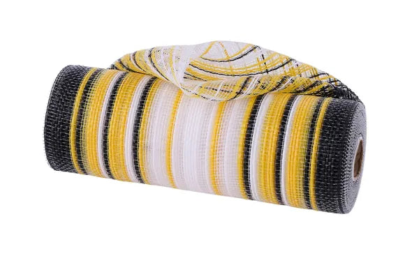 RE13861T 10" x 10yd Vertical Ombre Stripe Mesh Black/Yellow/White