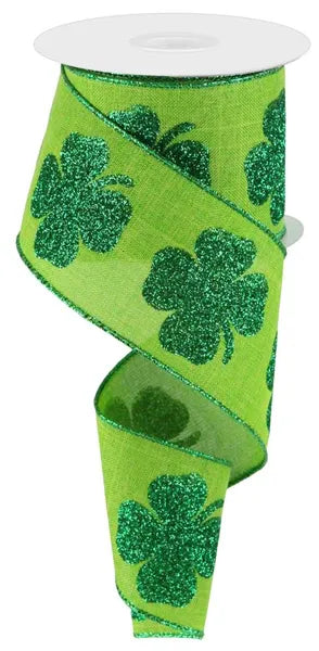 RG01661LT 2.5" x 10yd Bold Clover Print On Royal Fresh Green/Grass Green