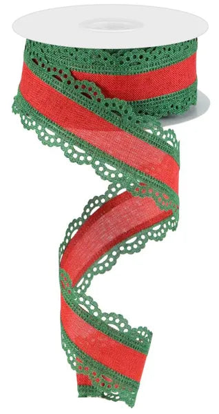 RGA15414N 1.5" x 10yd Lace Edge Royal Burlap Emerald Green/Red