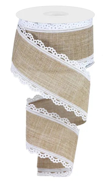RGA154201 2.5" x 10yd Lace Edge Royal Burlap White/Light Beige