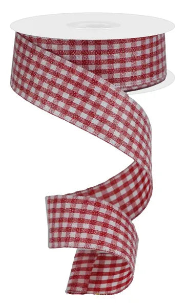 RGA179624 1.5" x 10yd Glitter On Woven Gingham Check Red/White