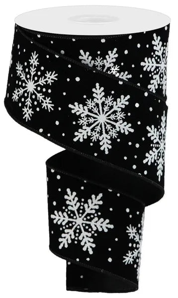 RGA192902 2.5" x 10yd Glitter Snowflakes/Velvet Black/White