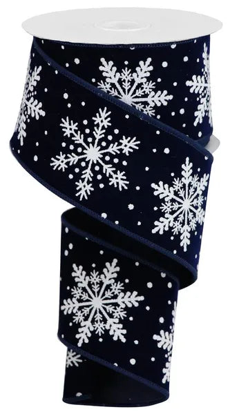 RGA192919 2.5" x 10yd Glitter Snowflakes/Velvet Navy Blue/White