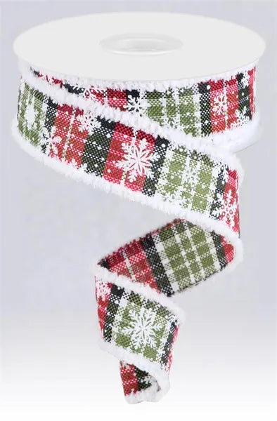 RGA8446CM 1.5" x 10yd Mini Snowflake/Plaid/Drift Red/Blk/Wht/Moss Grn
