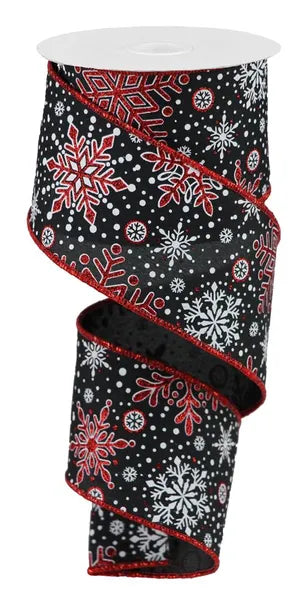 RGB110002 2.5" x 10yd Snowflakes Black/White/Red