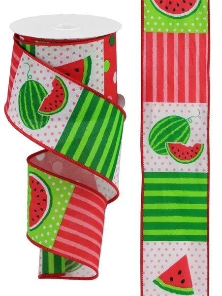 RGC1142WT 2.5" x 10yd Watermelon Block/Faux Royal White/Lt Pink/Green