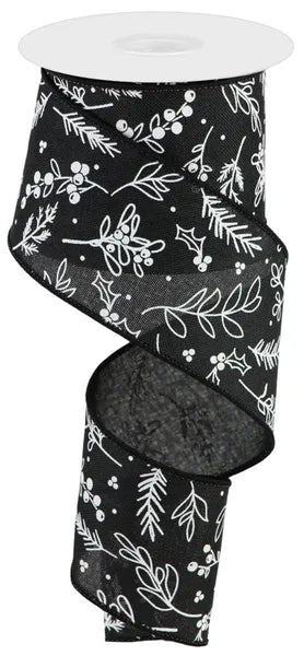 RGC172102 2.5" x 10yd Hand Drawn Winter Greenery Black/White