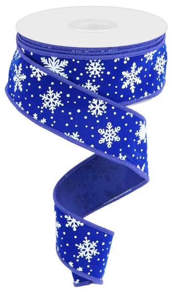 RGC182925 1.5" x 10yd Mini Snowflake On Velvet Royal Blue/White