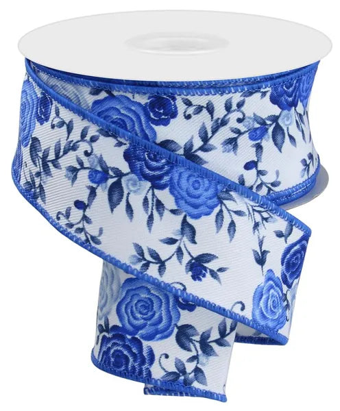 RGE1179RW 1.5" x 10yd Mini Roses White/Multi Blue