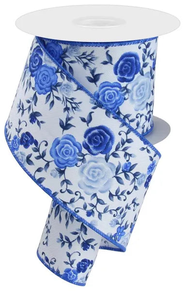RGE1180RW 2.5" x 10yd Mini Roses White/Multi Blue