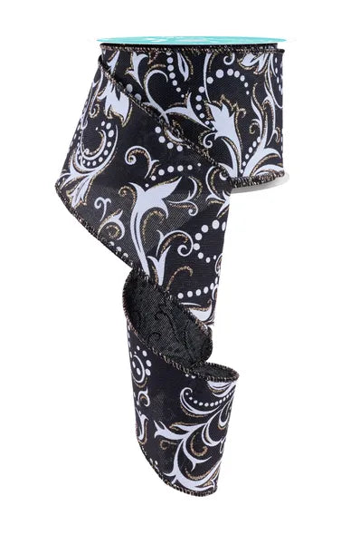RGF144702 2.5" x 10yd Leaf Filagree W/Dots Black/White/Champagne