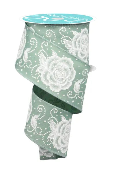 RGF1608H2 2.5" x 10yd Raised Roses Sage Green/White