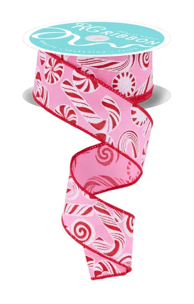 RGF180422 1.5" x 10yd Glitter Candy/Candy Cane Pink/White/Red