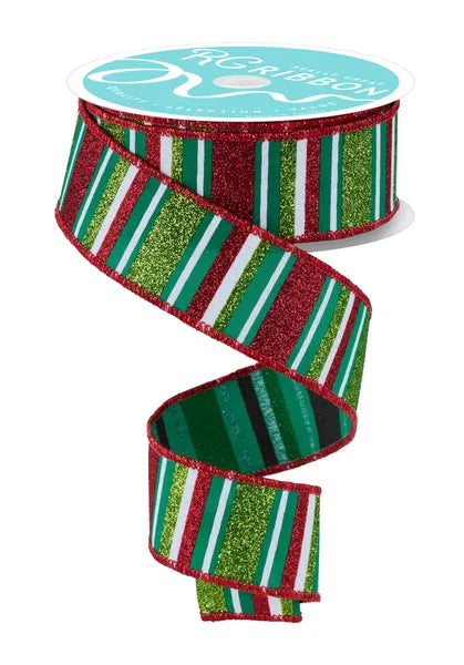 RGF191806 1.5" x 10yd Horizontal Stripe Emrld/Red/Lime/White