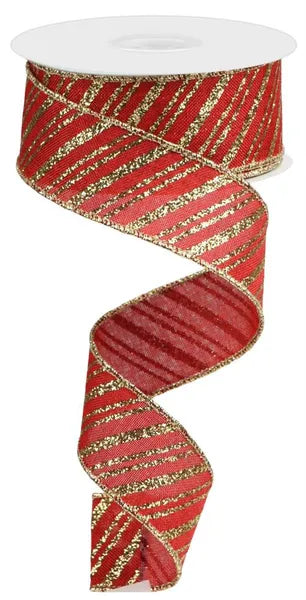 RW820730 1.5" x 10yd Glitter Stripe Red/Gold