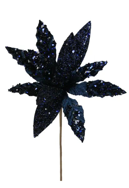 XS3975 9.75"Dia Velvet Poinsettia On 19.5" Stem Midnight Blue