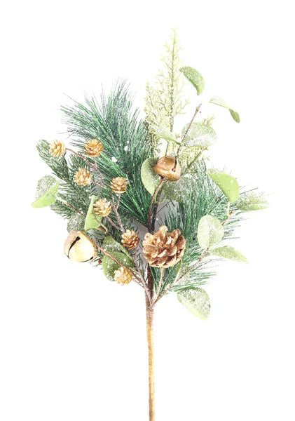 XX8727 18"L Iced Pine/Glitter Leaf/Bell Spray Gold/Green