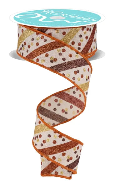 RGH10003R 1.5" x 10yd Glitter Stripe W/Confetti Dots Cream/Gold/Brown/Copper