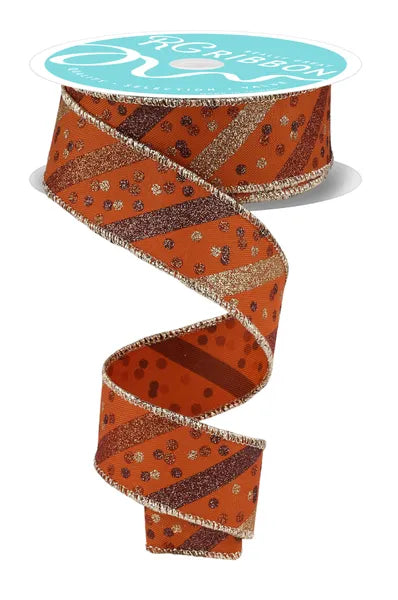 RGF1992T3 1.5" x 10yd Glitter Stripe W/Confetti Dots Autumn/Gold/Brown/Copper