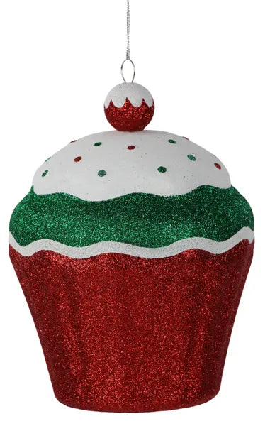 XJ4701TY 5.5"L Cupcake Ornament Red/Emerald Grn/Wht