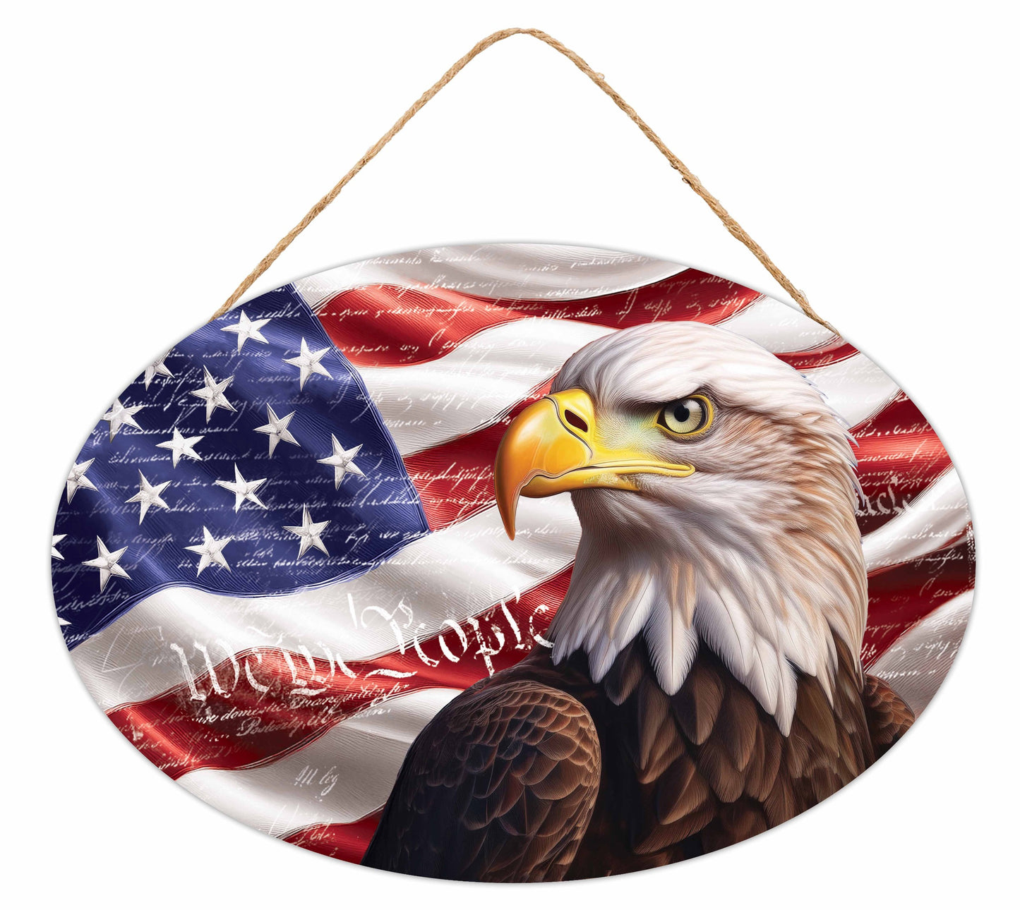 AP7433 15"L x 10.35"H Eagle W/Flag Oval Sign Red/White/Blue/Brown