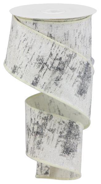 RGA15671R 2.5" x 10yd Glitter Birch Bark On Cotton Off White/White/Blk/Grey