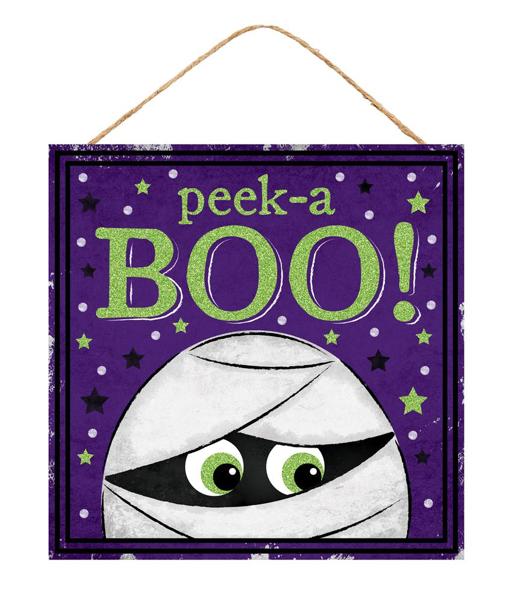 AP8929 10"Sq Glitter Peek-A Boo Mummy Sign Purple/White/Lime