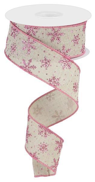 RGC187418 1.5" x 10yd Glitter Snowflakes Lt Natural/Pink