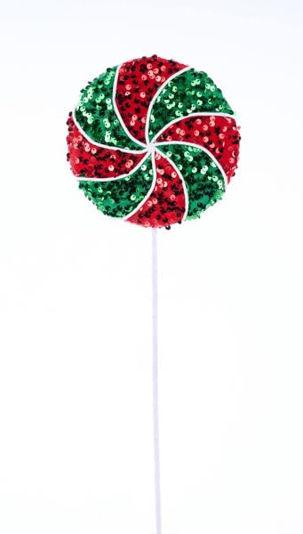 XC1136AR 21.5"Lx6"Sequin Peppermint Lollipop Red/Emerald Green/White
