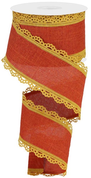 RGA1542F4 2.5" x 10yd Lace Edge Royal Burlap Dark Mustard/Rust