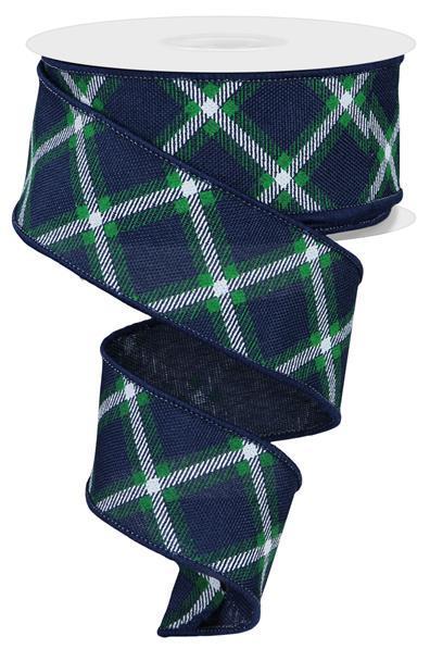 RGE156919 1.5" x 10yd Diagonal Dash Check/Faux Ryl Navy Blue/Emerald/White
