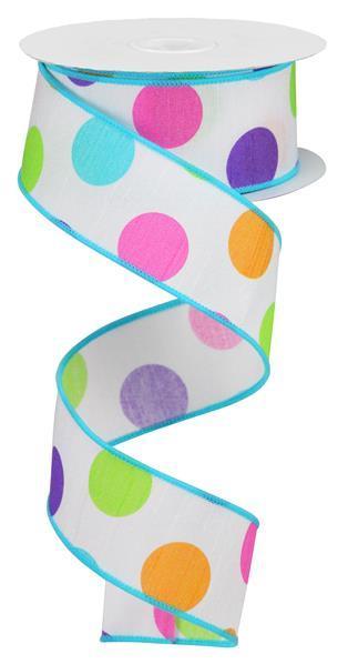 RGA165927 1.5" x 10yd Multi Polka Dots/Faux Dupioni Wht/Prpl/Pnk/Orng/Lm/Turq