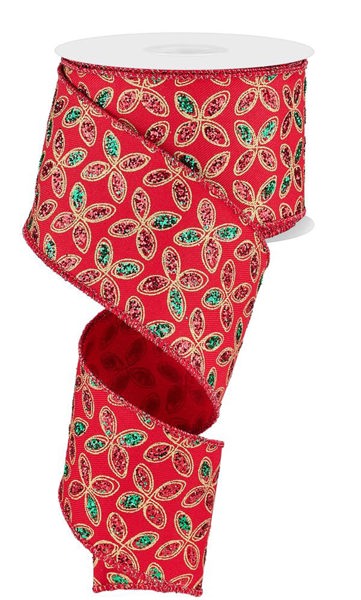 RGE192624 2.5" x 10yd Quatrefoil Petals Red/Emerald/Gold