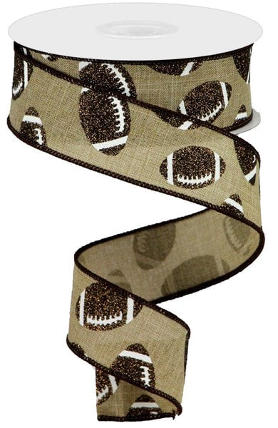 RGA117301 1.5" x 10yd Glitter Football On Royal Lt Beige/White/Chocolate