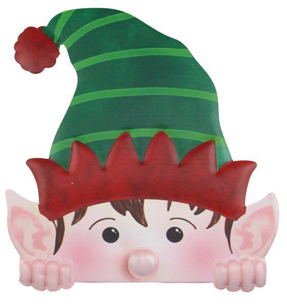 MD0587 12"H x 11"L Metal/Embossed Peeking Elf Green/Red/Tan