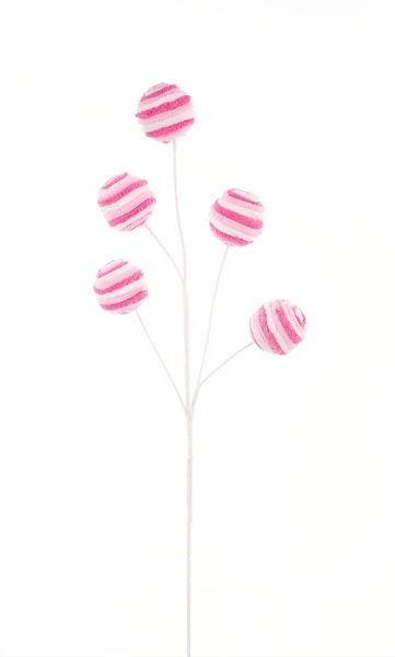 XS123138 25"L Glitter Velvet Striped Ball Spray Two-Tone Pink/White