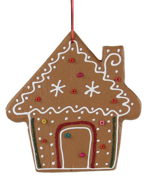 XJ4445 5.5"SQ Gingerbread House Ornament Brown/Red/Green/White