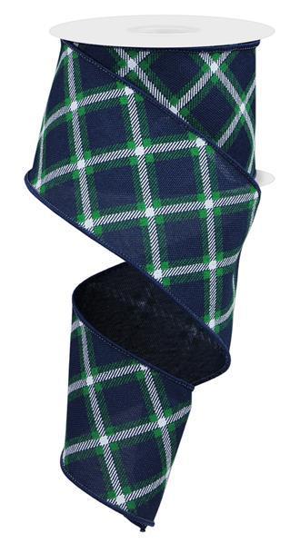 RGE157019 2.5" x 10yd Diagonal Dash Check/Faux Ryl Navy Blue/Emerald/White