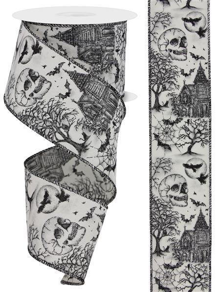 RGE153930 2.5" x 10yd Haunted House/Skull/Trees Ivory/Black/Grey/Silver