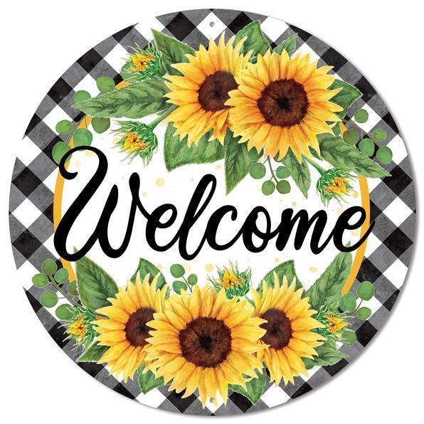 MD0879 12"Dia Welcome W/Sunflowers W/Gingham Yellow/Moss/White/Black