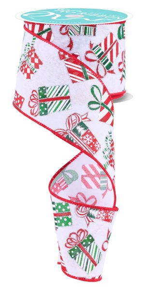 RGF144427 2.5" x 10yd Gift Packages White/Red/Green/Silver